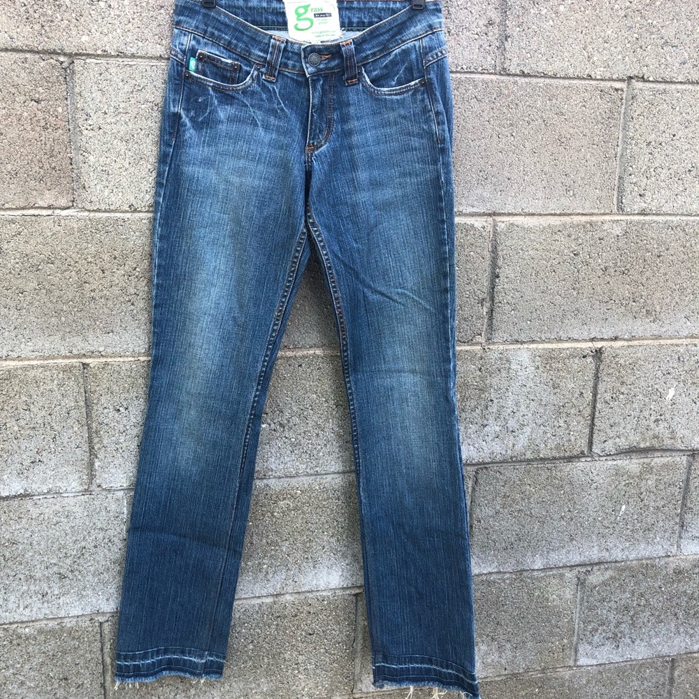 GRASS TOPANGA Mid Wash Raw Cut Low Rise Jeans.
